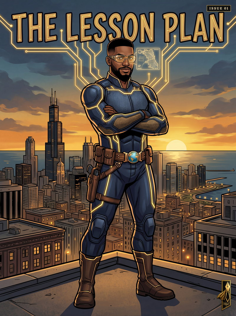 Cover of "The Lesson Plan", a personalized comic starring Marcus of Chicago: Marcus stands arms folded on a Chicago rooftop at sunset in a navy and gold armored suit and glasses, a glowing circuit pattern and a map of the city traced across the sky above him, the Willis Tower and Lake Michigan behind. Drawn in modern comic-book style, made as an end-of-year gift for an inspiring educator.