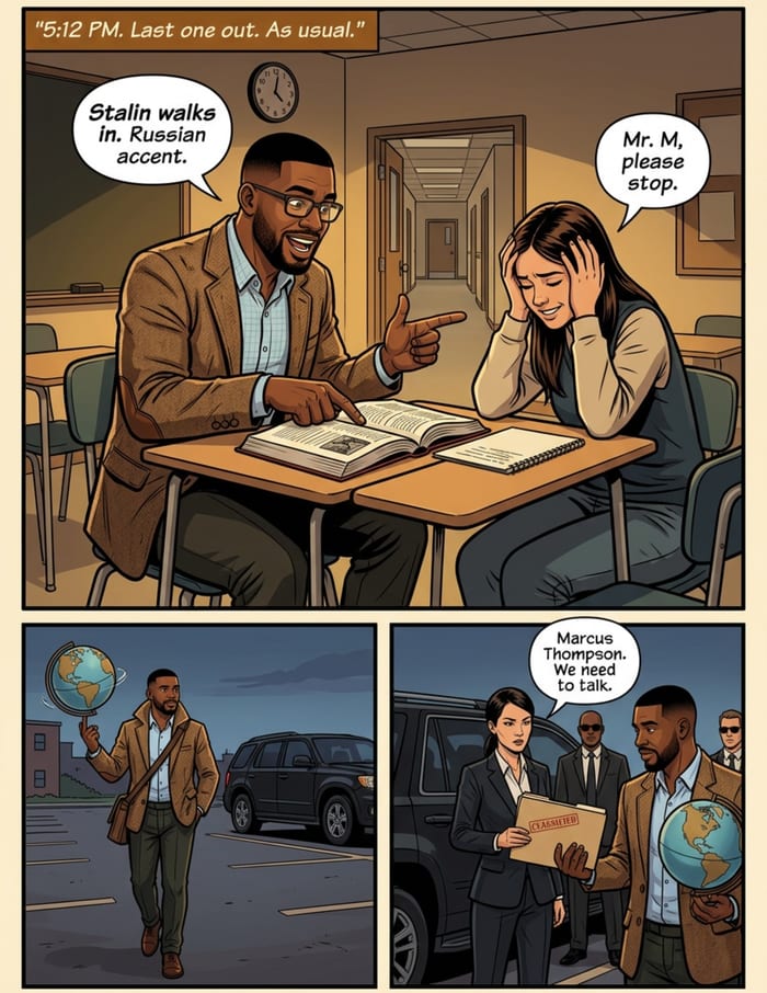 Interior page 1 of "The Lesson Plan", a personalized comic starring Marcus of Chicago in modern comic-book style: Teacher hero whose patience saves a fractured classroom. Dialogue and narration are hand-lettered into the artwork.