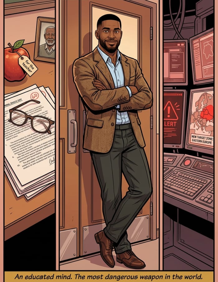 Interior page 3 of "The Lesson Plan", a personalized comic starring Marcus of Chicago in modern comic-book style: Teacher hero whose patience saves a fractured classroom. Dialogue and narration are hand-lettered into the artwork.