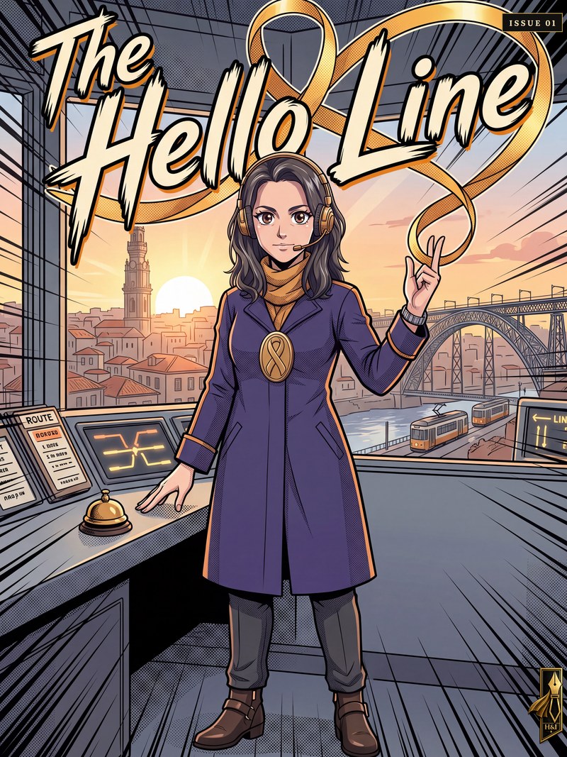 Cover of "The Hello Line", a personalized comic starring Maria of Porto: Maria stands at her dispatch desk above Porto at sunrise in a purple coat with a gold ribbon emblem, a headset on and one hand raised as a golden line of sound loops up into the title, the Clerigos tower, the Dom Luis bridge and a yellow tram behind her. Drawn in anime style, made as a mother's day gift from a daughter at university.