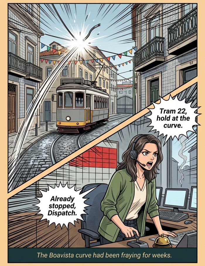 Interior page 1 of "The Hello Line", a personalized comic starring Maria of Porto in anime style: Tram dispatcher who hears what is wrong from the way you say hello. Dialogue and narration are hand-lettered into the artwork.