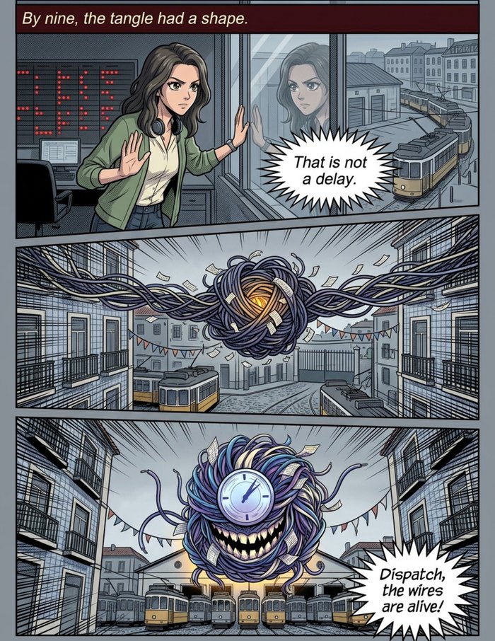 Interior page 2 of "The Hello Line", a personalized comic starring Maria of Porto in anime style: Tram dispatcher who hears what is wrong from the way you say hello. Dialogue and narration are hand-lettered into the artwork.