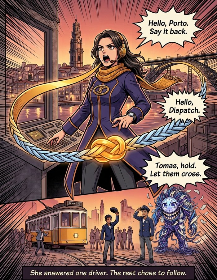 Interior page 3 of "The Hello Line", a personalized comic starring Maria of Porto in anime style: Tram dispatcher who hears what is wrong from the way you say hello. Dialogue and narration are hand-lettered into the artwork.