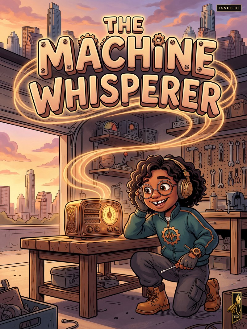 Cover of "The Machine Whisperer", a personalized comic starring Maya of Austin: Maya kneels on the floor of her garage workshop in Austin at sunset, headphones over her curly hair and a screwdriver in one hand, listening to an old golden radio whose glowing ribbon of sound curls up into the title, the city skyline through the open door and a pegboard of tools behind her. Drawn in 3D animated style, made as a tenth-birthday gift for a kid who builds rockets in the garage.