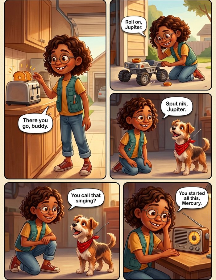 An interior page from The Machine Whisperer: A kid's book: a ten-year-old hero in her own city, 3D animation