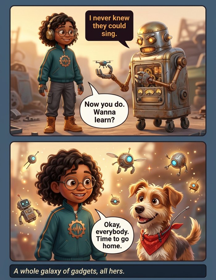 Interior page 3 of "The Machine Whisperer", a personalized comic starring Maya of Austin in 3D animated style: Ten-year-old inventor who hears what broken machines are trying to say. Dialogue and narration are hand-lettered into the artwork.