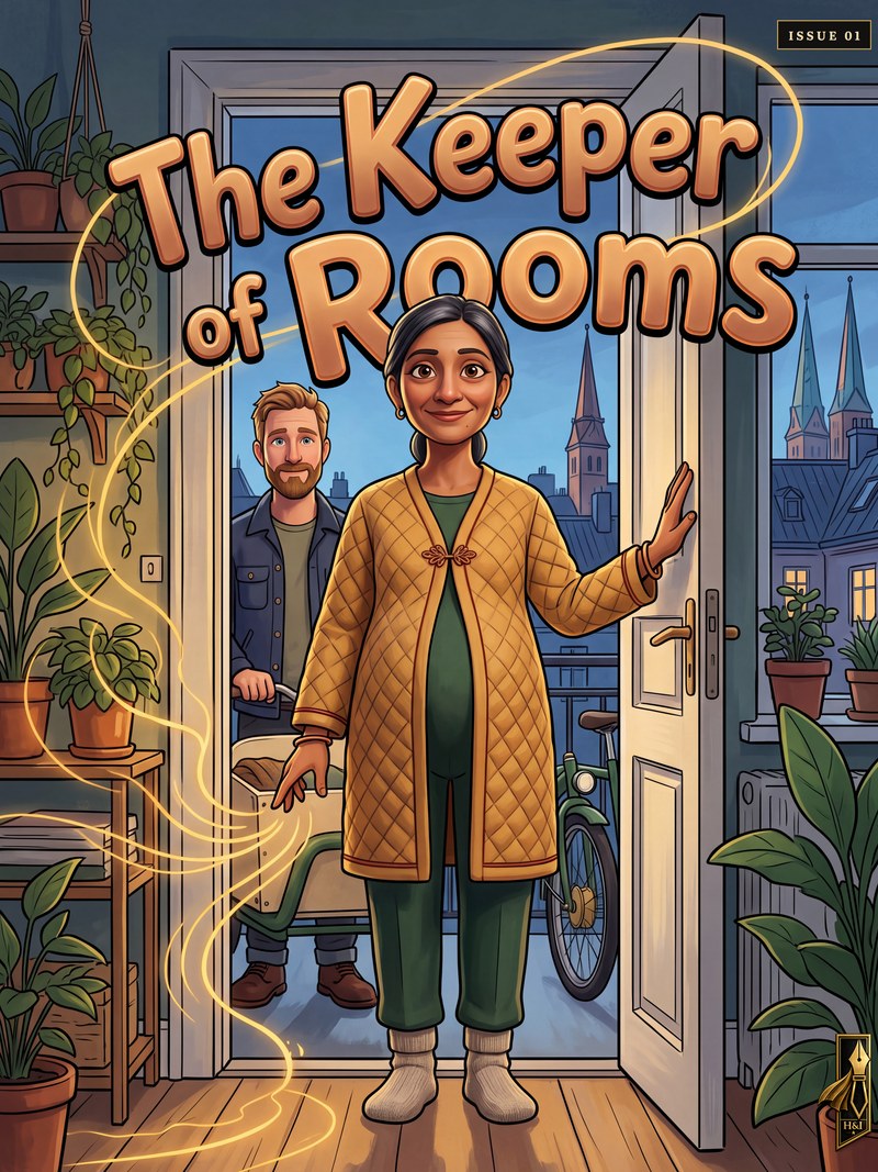 Cover of "The Keeper of Rooms", a personalized comic starring Nadia of Copenhagen: Nadia stands smiling in the doorway of a plant-filled Copenhagen flat at dusk in a gold quilted coat over green, one hand on the door frame and one on her pregnant belly, threads of golden light curling around her, her husband Tomas behind her with a bicycle and church spires through the window. Drawn in 3D animated style, made as a new-baby gift for expecting parents, from a best friend.
