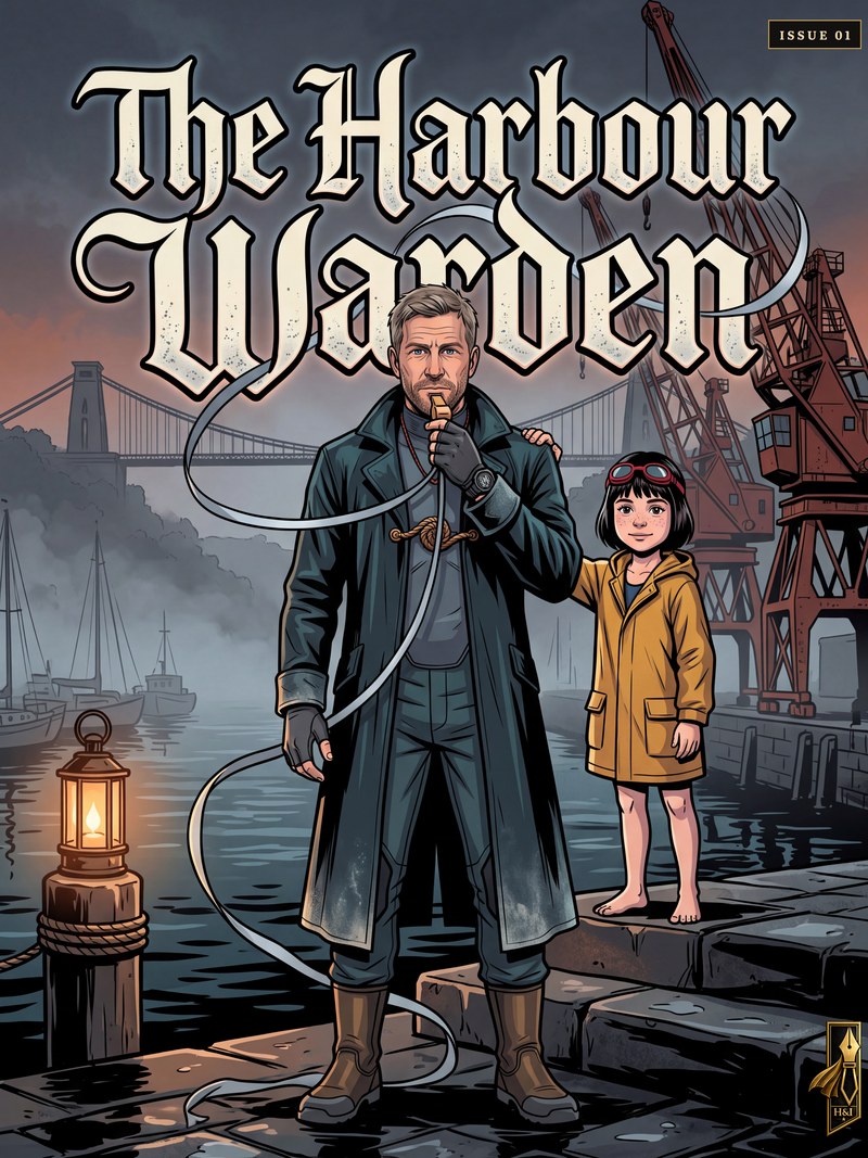 Cover of "The Harbour Warden", a personalized comic starring Owen of Bristol: Owen stands on the stone steps of Bristol harbour at dusk in a long dark coat, a whistle raised to his lips and a thread of silver light looping around him, his eight-year-old daughter Lily beside him in a yellow raincoat with goggles on her head, a lantern, the dock cranes and the Clifton suspension bridge behind. Drawn in dark fantasy style, made as a father's day gift for a husband, from the wife who kept herself out of the book on purpose.