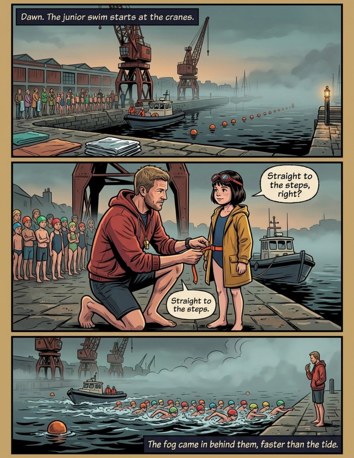 Interior page 1 of "The Harbour Warden", a personalized comic starring Owen of Bristol in dark fantasy style: Harbour lifeguard who does not shout, he shows up, with the daughter who rates his dives. Dialogue and narration are hand-lettered into the artwork.