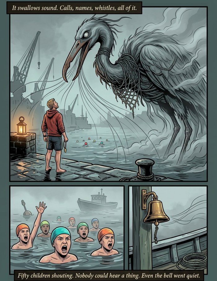 Interior page 2 of "The Harbour Warden", a personalized comic starring Owen of Bristol in dark fantasy style: Harbour lifeguard who does not shout, he shows up, with the daughter who rates his dives. Dialogue and narration are hand-lettered into the artwork.
