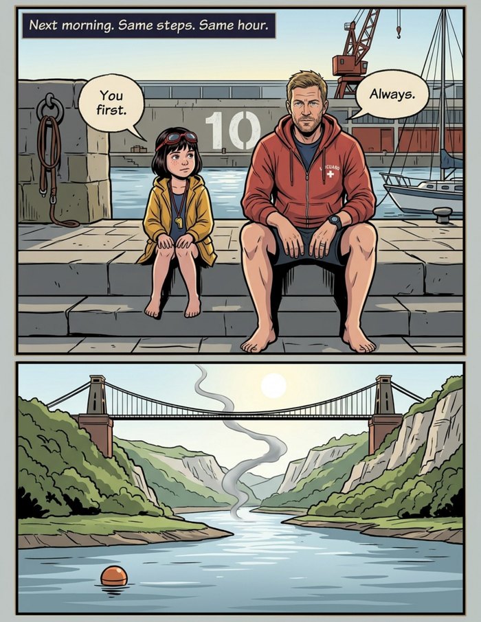 Interior page 3 of "The Harbour Warden", a personalized comic starring Owen of Bristol in dark fantasy style: Harbour lifeguard who does not shout, he shows up, with the daughter who rates his dives. Dialogue and narration are hand-lettered into the artwork.