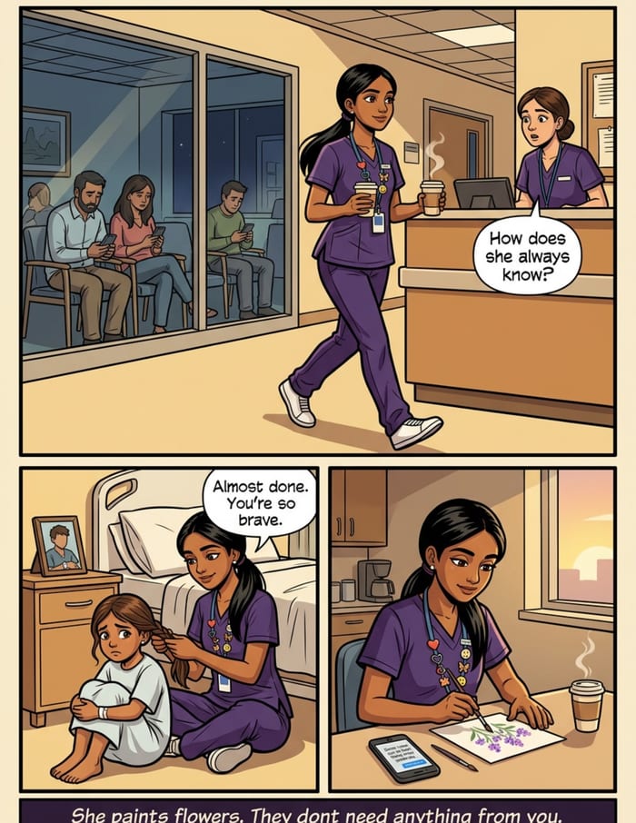 Interior page 1 of "The Night Shift", a personalized comic starring Priya of Toronto in modern comic-book style: Nurse hero who shoulders the city's quiet hours. Dialogue and narration are hand-lettered into the artwork.
