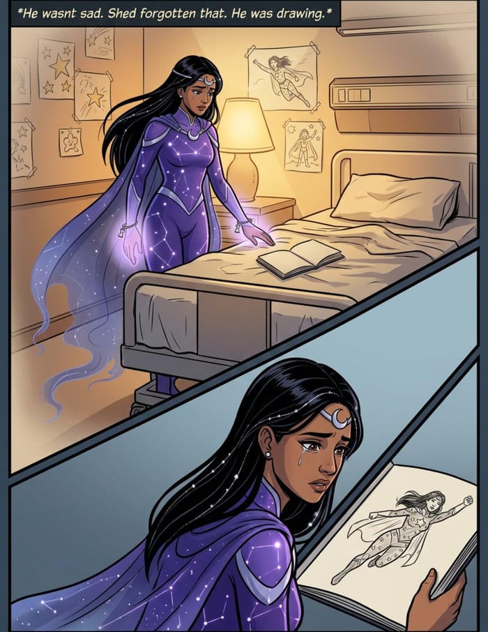 Interior page 2 of "The Night Shift", a personalized comic starring Priya of Toronto in modern comic-book style: Nurse hero who shoulders the city's quiet hours. Dialogue and narration are hand-lettered into the artwork.