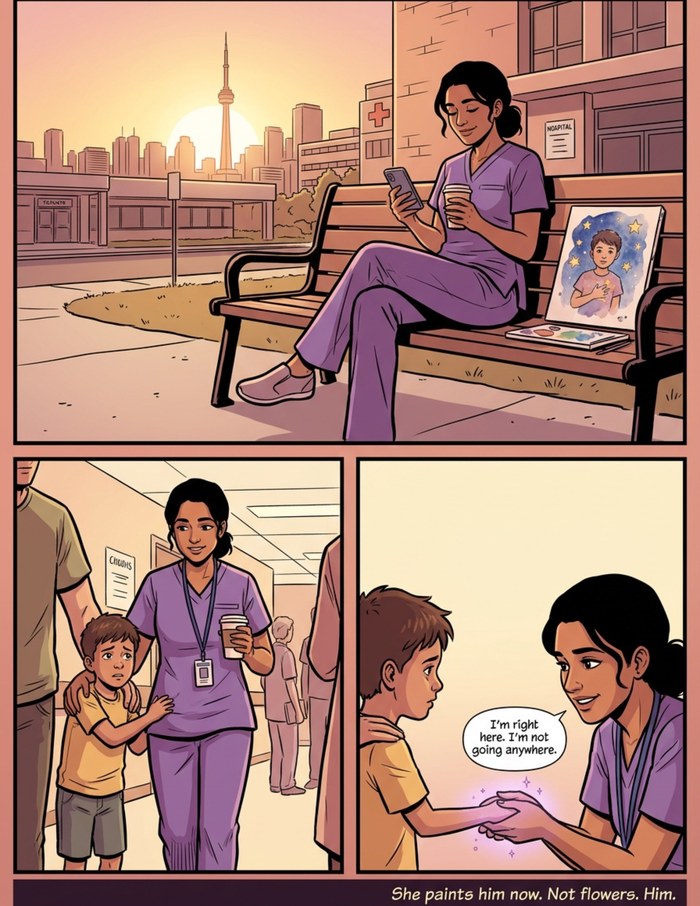 Interior page 3 of "The Night Shift", a personalized comic starring Priya of Toronto in modern comic-book style: Nurse hero who shoulders the city's quiet hours. Dialogue and narration are hand-lettered into the artwork.