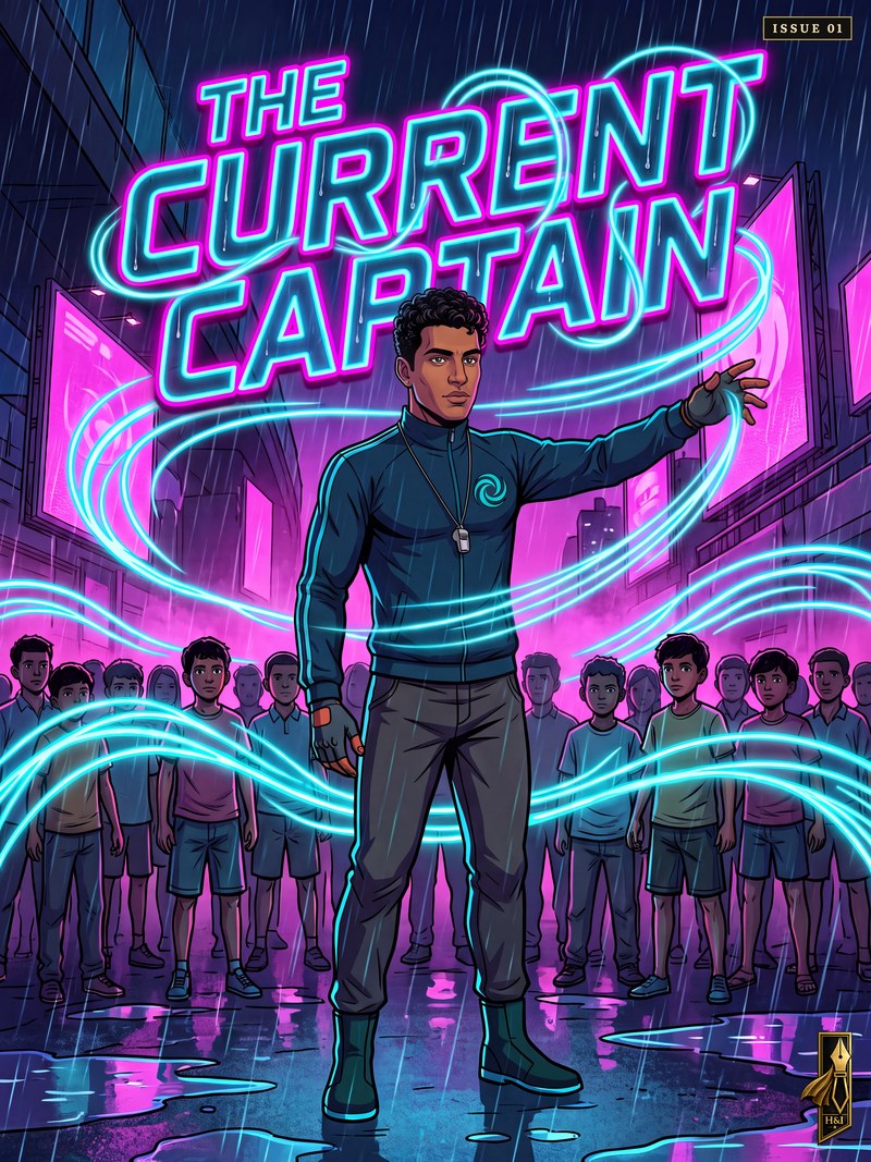 Cover of "The Current Captain", a personalized comic starring Ravi of Mumbai: Ravi stands in neon rain on a Mumbai street in a teal track jacket with a coach's whistle at his chest, one hand raised as glowing blue currents sweep around him, his young team standing in rows behind him under pink and cyan signs reflected in the wet road. Drawn in cyberpunk neon-noir style, made as a thank-you gift for a street-football coach from the team he kept together.