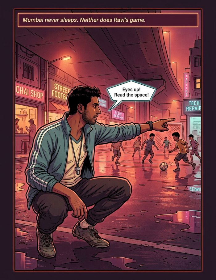 An interior page from The Current Captain: A coach hero and the team he kept together, in cyberpunk Mumbai