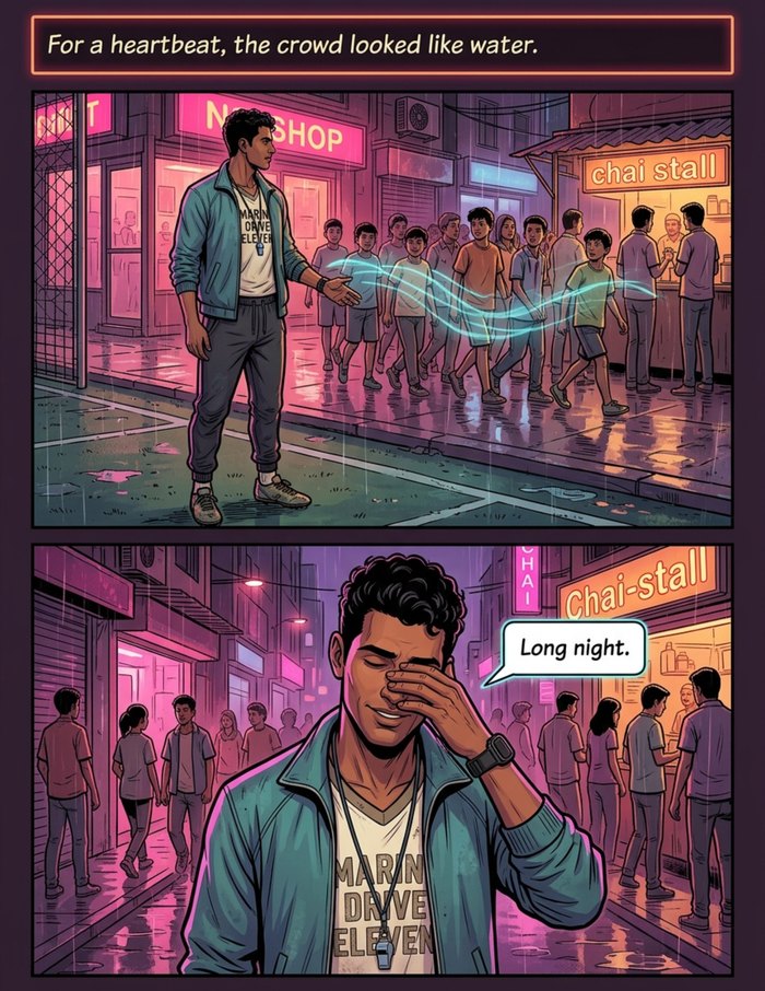 An interior page from The Current Captain: A story page with the hero and the people he kept together