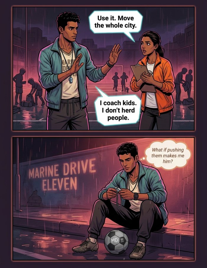 Interior page 3 of "The Current Captain", a personalized comic starring Ravi of Mumbai in cyberpunk neon-noir style: Street-football coach whose gift moves a whole city, one player at a time. Dialogue and narration are hand-lettered into the artwork.