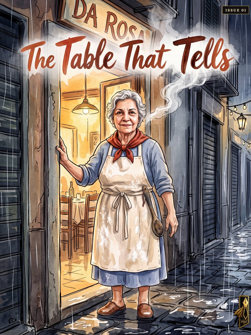 Cover of "The Table That Tells", a personalized comic starring Rosa of Naples: Rosa stands in the lit doorway of her trattoria Da Rosa on a rainy Naples lane, white-haired in a cream apron and red neckerchief, a wooden spoon in one hand and steam curling from the kitchen behind her, painted in watercolor. Drawn in watercolor style, made as a gift for a grandmother from the granddaughter she taught to cook.