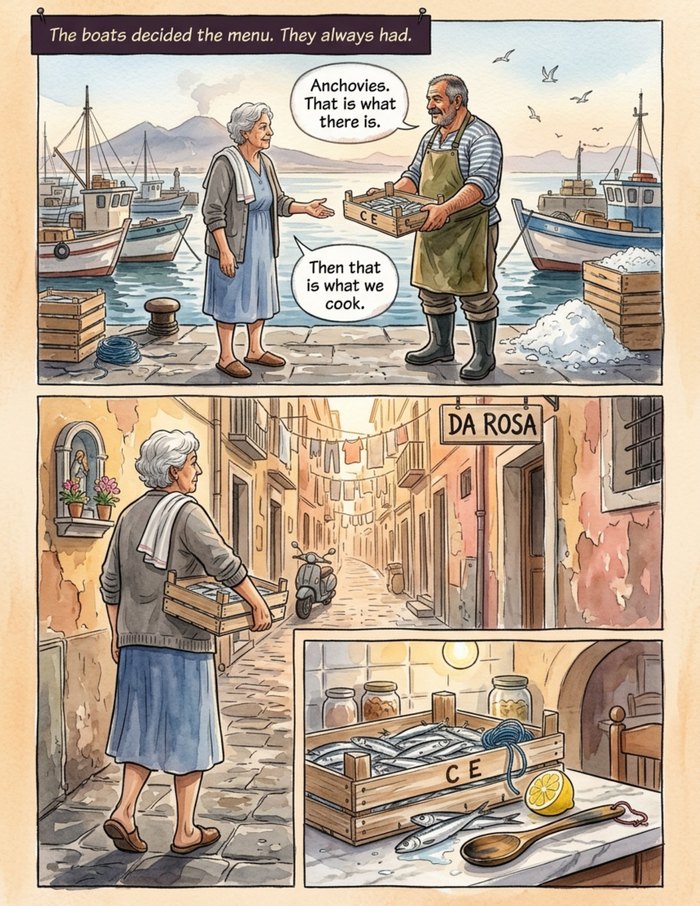 Interior page 1 of "The Table That Tells", a personalized comic starring Rosa of Naples in watercolor style: Trattoria grandmother whose table makes everyone tell the truth, and the night she hands the spoon to the next cook. Dialogue and narration are hand-lettered into the artwork.