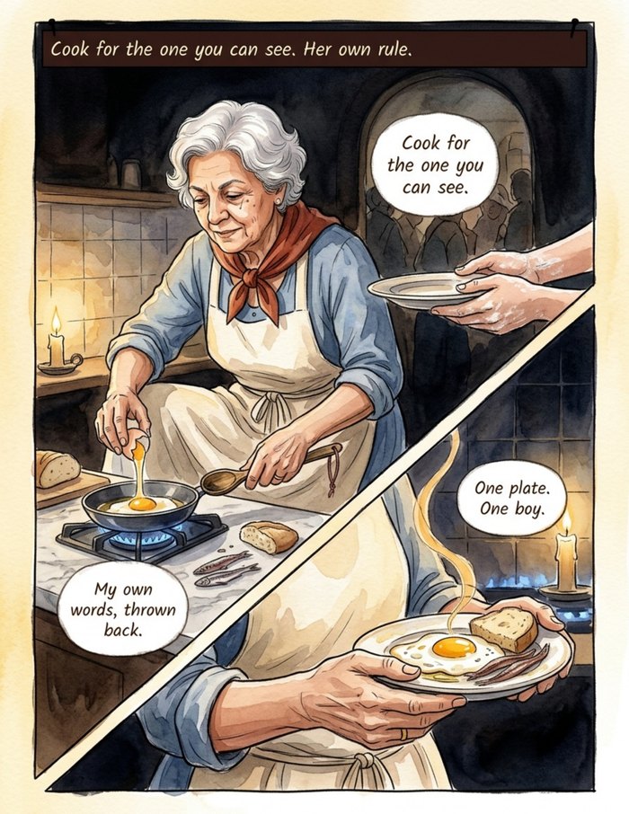 Interior page 2 of "The Table That Tells", a personalized comic starring Rosa of Naples in watercolor style: Trattoria grandmother whose table makes everyone tell the truth, and the night she hands the spoon to the next cook. Dialogue and narration are hand-lettered into the artwork.