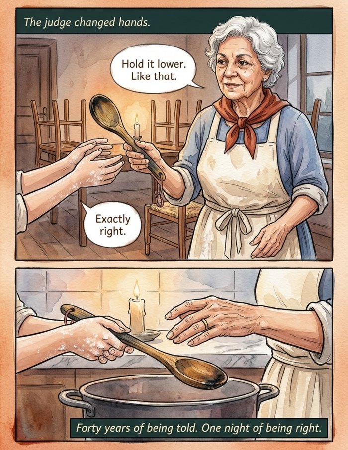 Interior page 3 of "The Table That Tells", a personalized comic starring Rosa of Naples in watercolor style: Trattoria grandmother whose table makes everyone tell the truth, and the night she hands the spoon to the next cook. Dialogue and narration are hand-lettered into the artwork.