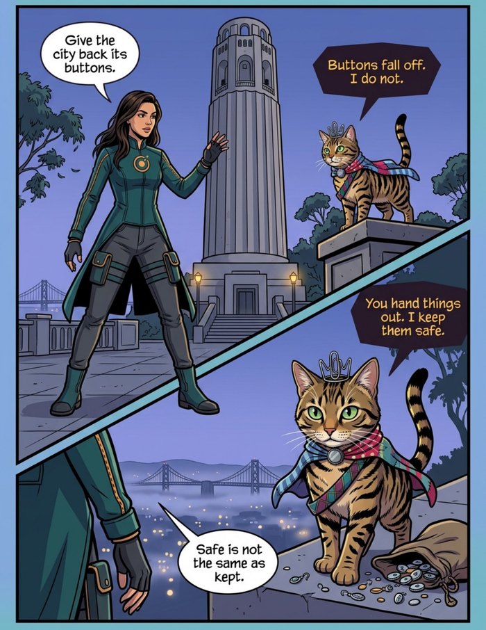 Interior page 3 of "The Small Signal", a personalized comic starring Sarah of San Francisco in modern comic-book style: A woman who notices the small things nobody else does, versus her own cat Biscuit, who has been quietly hoarding them. Dialogue and narration are hand-lettered into the artwork.