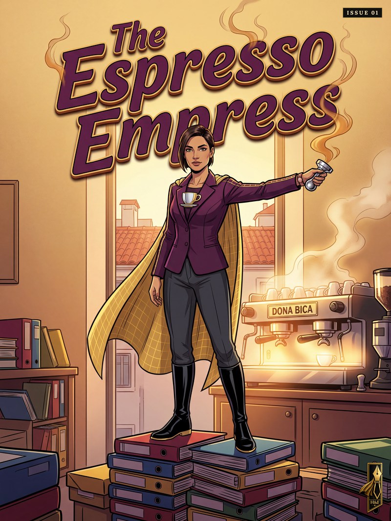 Cover of "The Espresso Empress", a personalized comic starring Sarra of Porto: Sarra stands on a stack of office binders in a sun-warmed Porto office in a plum blazer and gold cape, holding out an espresso portafilter like a wand as steam curls up into the title, the Dona Bica espresso machine glowing on the counter beside her and terracotta rooftops through the window. Drawn in modern comic-book style, made as a villain-mode gift for the colleague who plans everything three steps ahead.