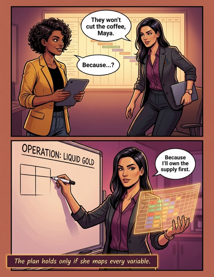 An interior page from The Espresso Empress: An office mastermind whose evil plan turns out to be generosity
