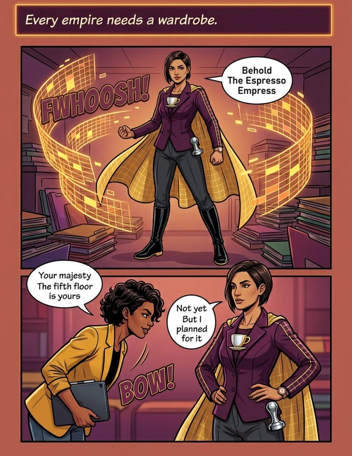 Interior page 2 of "The Espresso Empress", a personalized comic starring Sarra of Porto in modern comic-book style: Office mastermind who plots a corporate coffee coup, and whose evil plan turns out to be generosity. Dialogue and narration are hand-lettered into the artwork.