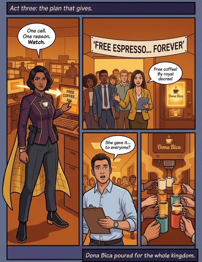 Interior page 3 of "The Espresso Empress", a personalized comic starring Sarra of Porto in modern comic-book style: Office mastermind who plots a corporate coffee coup, and whose evil plan turns out to be generosity. Dialogue and narration are hand-lettered into the artwork.
