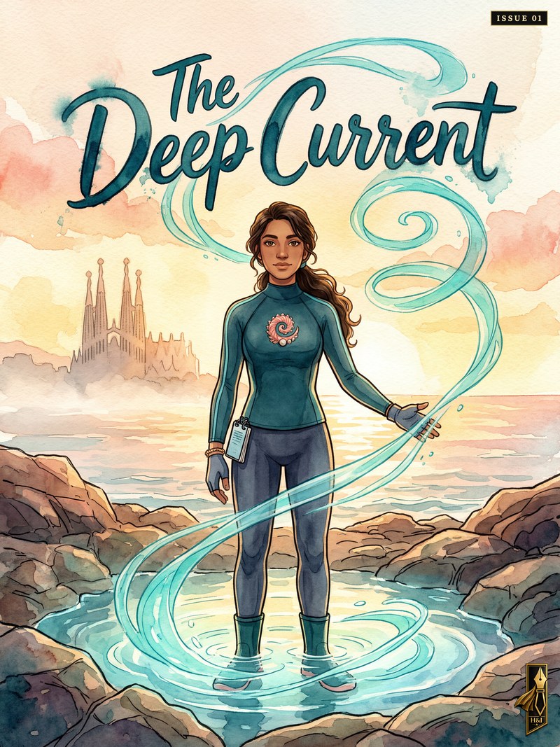 Cover of "The Deep Current", a personalized comic starring Sofia of Barcelona: Sofia stands ankle-deep in a Barcelona tide pool at dawn in a teal wetsuit marked with a spiral shell emblem, a ribbon of glowing turquoise water curling up out of the pool and around her open hand, the Sagrada Familia rising through the sea mist behind the rocks. Drawn in watercolor style, made as a tribute gift for a marine biologist and the grandmother who taught her the tides.