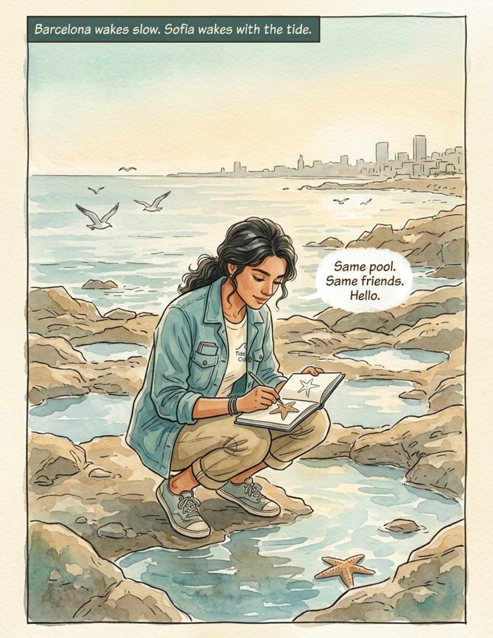 Interior page 1 of "The Deep Current", a personalized comic starring Sofia of Barcelona in watercolor style: Marine biologist hero who saves her coastline one tide pool at a time. Dialogue and narration are hand-lettered into the artwork.