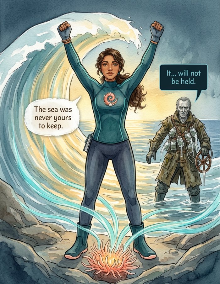 An interior page from The Deep Current: Two generations in one scene, drawn in watercolor