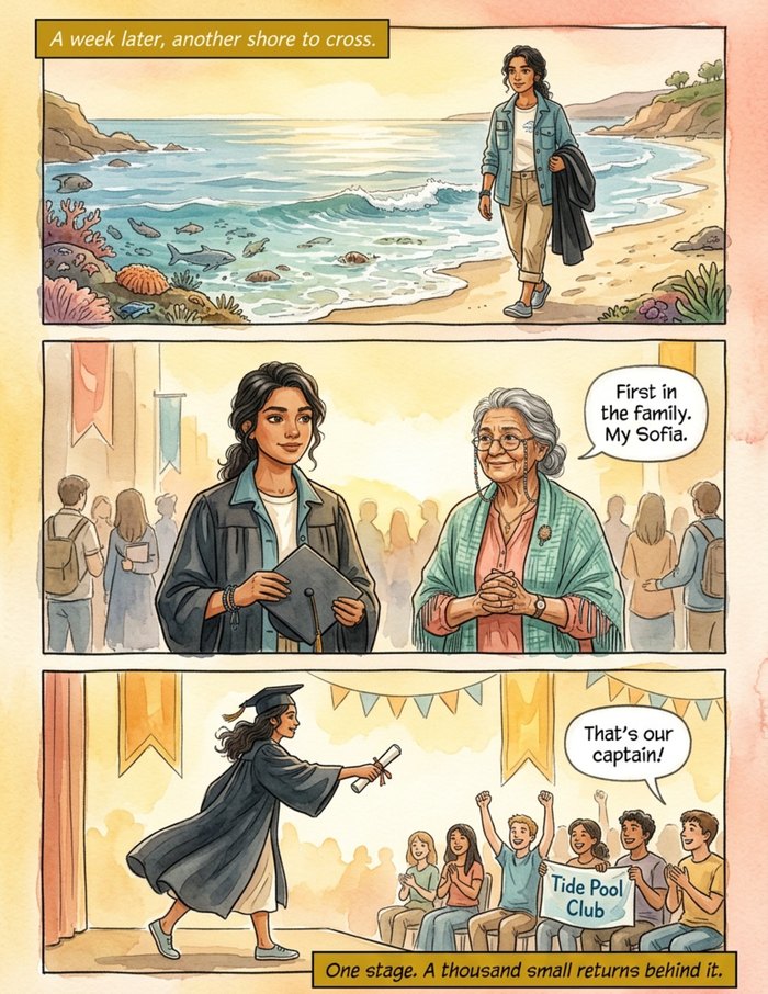 Interior page 3 of "The Deep Current", a personalized comic starring Sofia of Barcelona in watercolor style: Marine biologist hero who saves her coastline one tide pool at a time. Dialogue and narration are hand-lettered into the artwork.