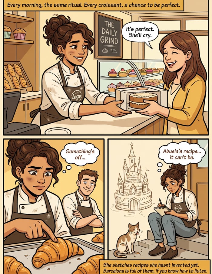 Interior page 1 of "The Secret Ingredient", a personalized comic starring Sofia of Barcelona in modern comic-book style: Culinary hero protecting Barcelona's beloved local restaurant. Dialogue and narration are hand-lettered into the artwork.
