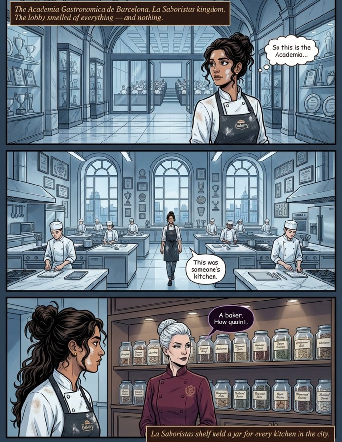 An interior page from The Secret Ingredient: A story page: the chef hero in her own neighborhood