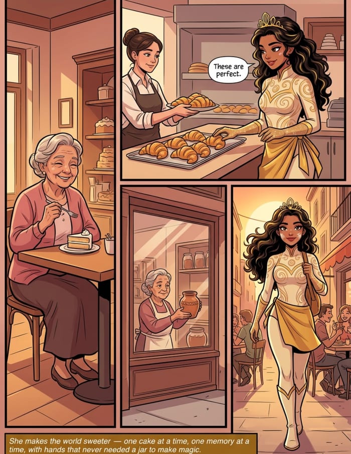 Interior page 3 of "The Secret Ingredient", a personalized comic starring Sofia of Barcelona in modern comic-book style: Culinary hero protecting Barcelona's beloved local restaurant. Dialogue and narration are hand-lettered into the artwork.