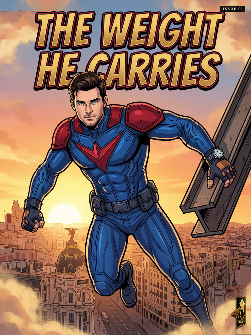 Cover of "The Weight He Carries", a personalized comic starring Steve of Madrid: Steve flies low over Madrid at sunset in a blue and red hero suit, carrying a full steel I-beam under one arm as if it weighed nothing, the domed Metropolis building and Gran Via below him. Drawn in modern comic-book style, made as a promotion gift from a best friend.