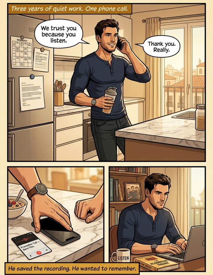An interior page from The Weight He Carries: An engineer whose power is listening, drawn in his city