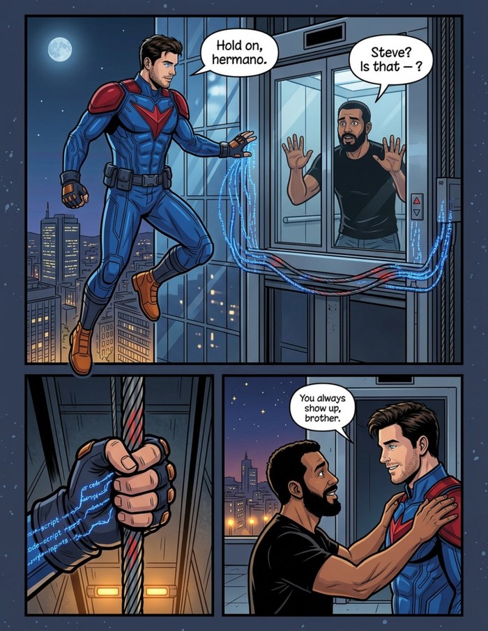 An interior page from The Weight He Carries: A story page: a hero at work in his own city