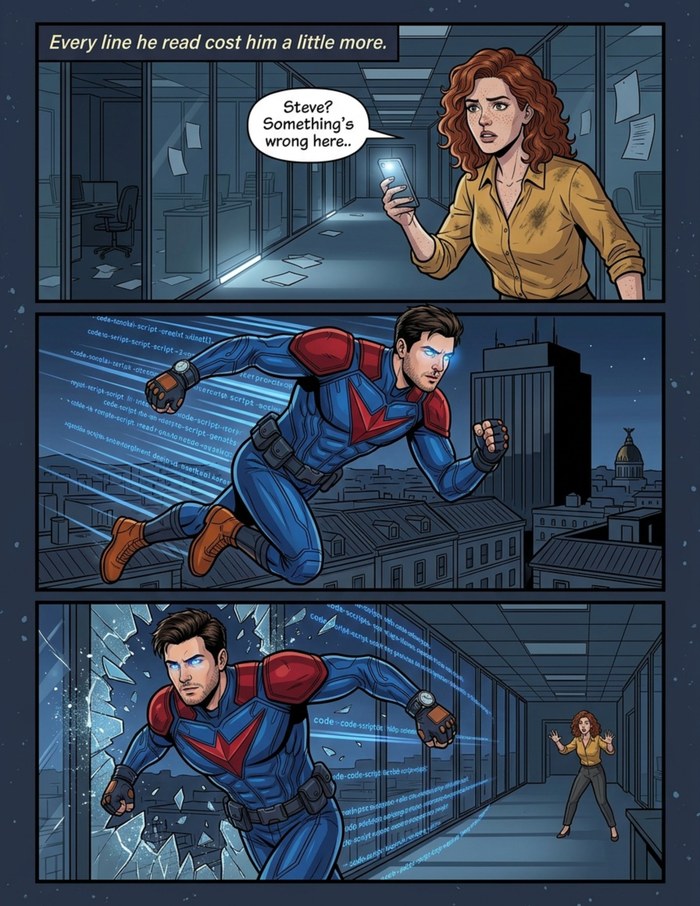 Interior page 3 of "The Weight He Carries", a personalized comic starring Steve of Madrid in modern comic-book style: Engineer hero whose power is listening to broken systems. Dialogue and narration are hand-lettered into the artwork.
